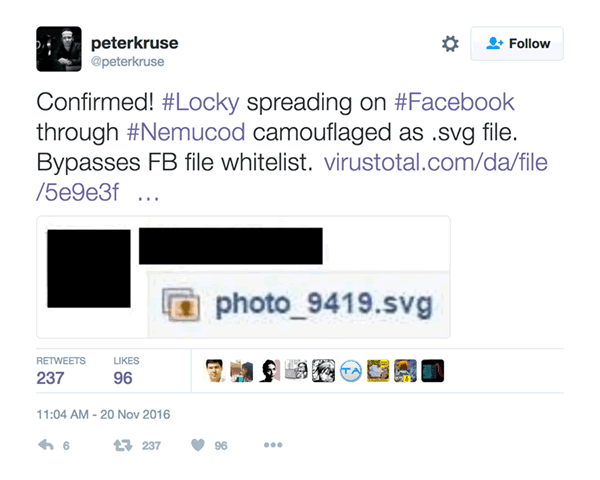 Peter Kruse's Twitter post on Locky